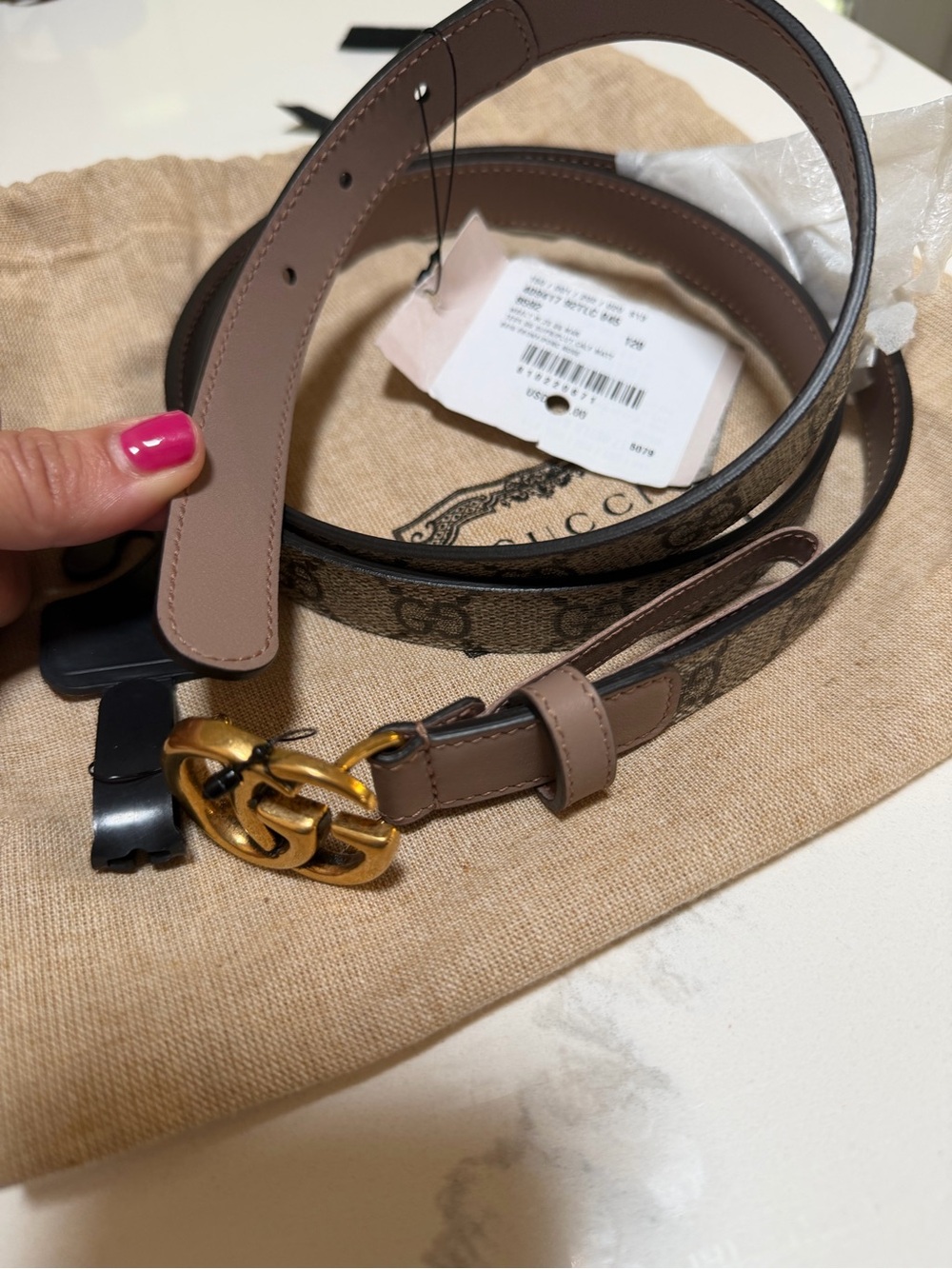 Gucci Brown GG Supreme Canvas Belt with Taupe Leather & Gold Double G Buckle
